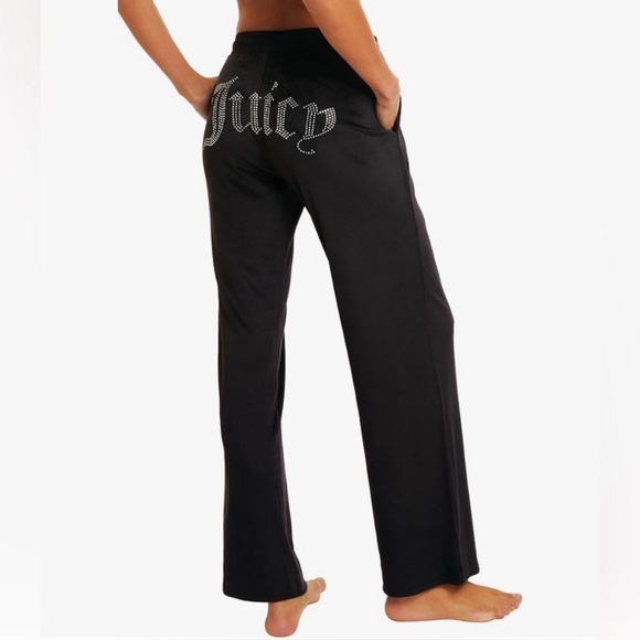 Juicy Couture Pants Womens XL Black Velour Rhinestone Juicy Logo Lounge - Picture 2 of 5